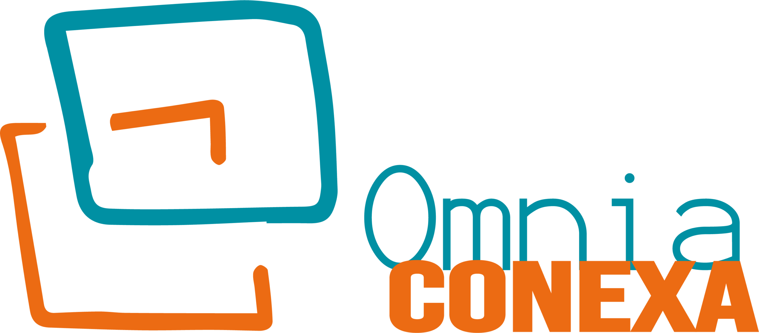 Logo Omnia Conexa. Letra O em verde um pouco inclinada para frente e letra C em dourado um pouco inclinada para trás perpassando o centro da letra O